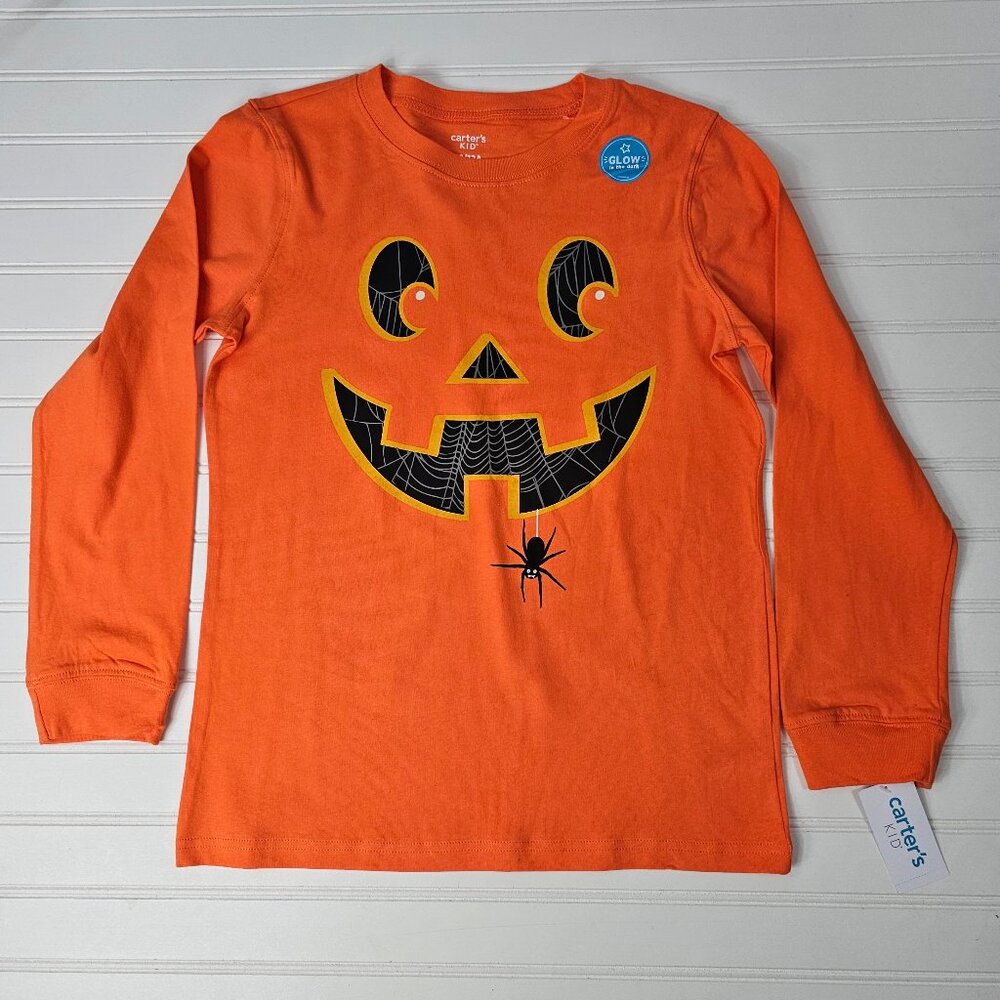 Carter's Kids Orange Glow In The Dark Pumpkin Face Long Sleeve Shirt Size 12 NWT